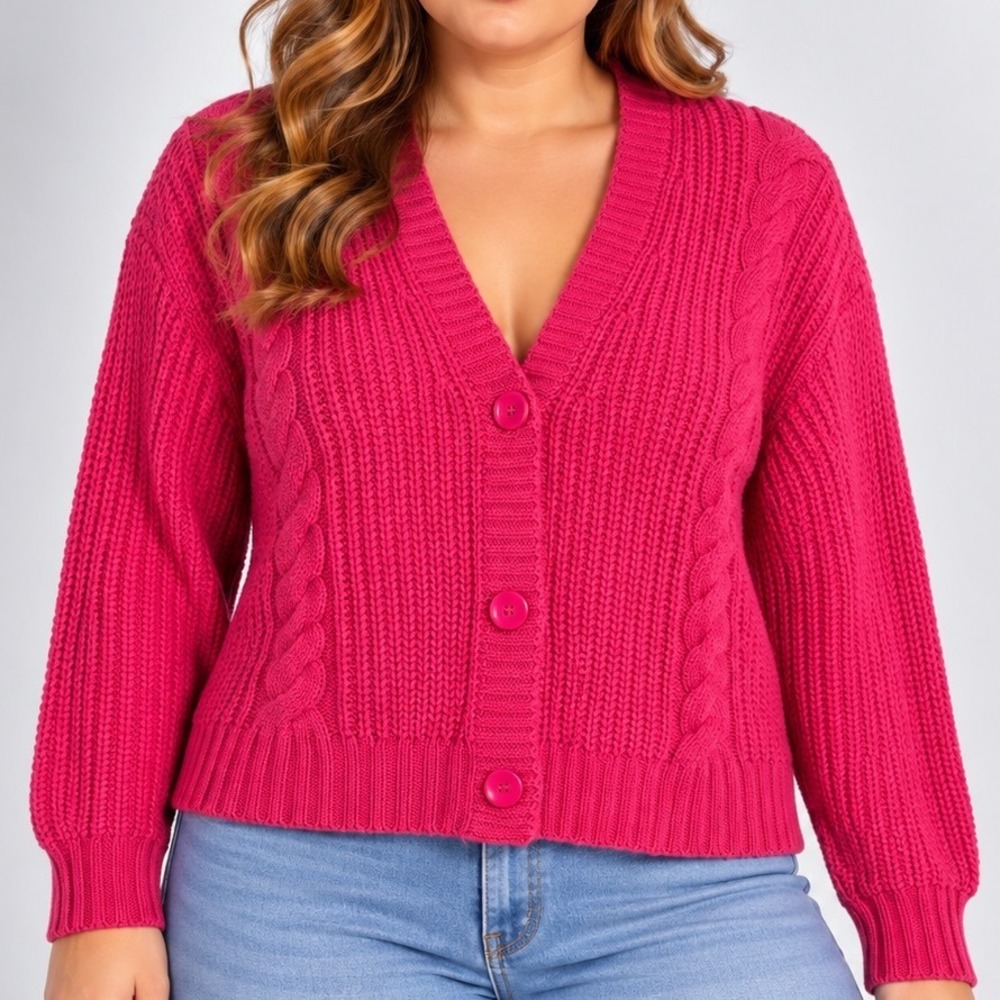 Hot Pink Cable Knit Cardigan Medium Button Front Cropped Chunky Preppy Sweater